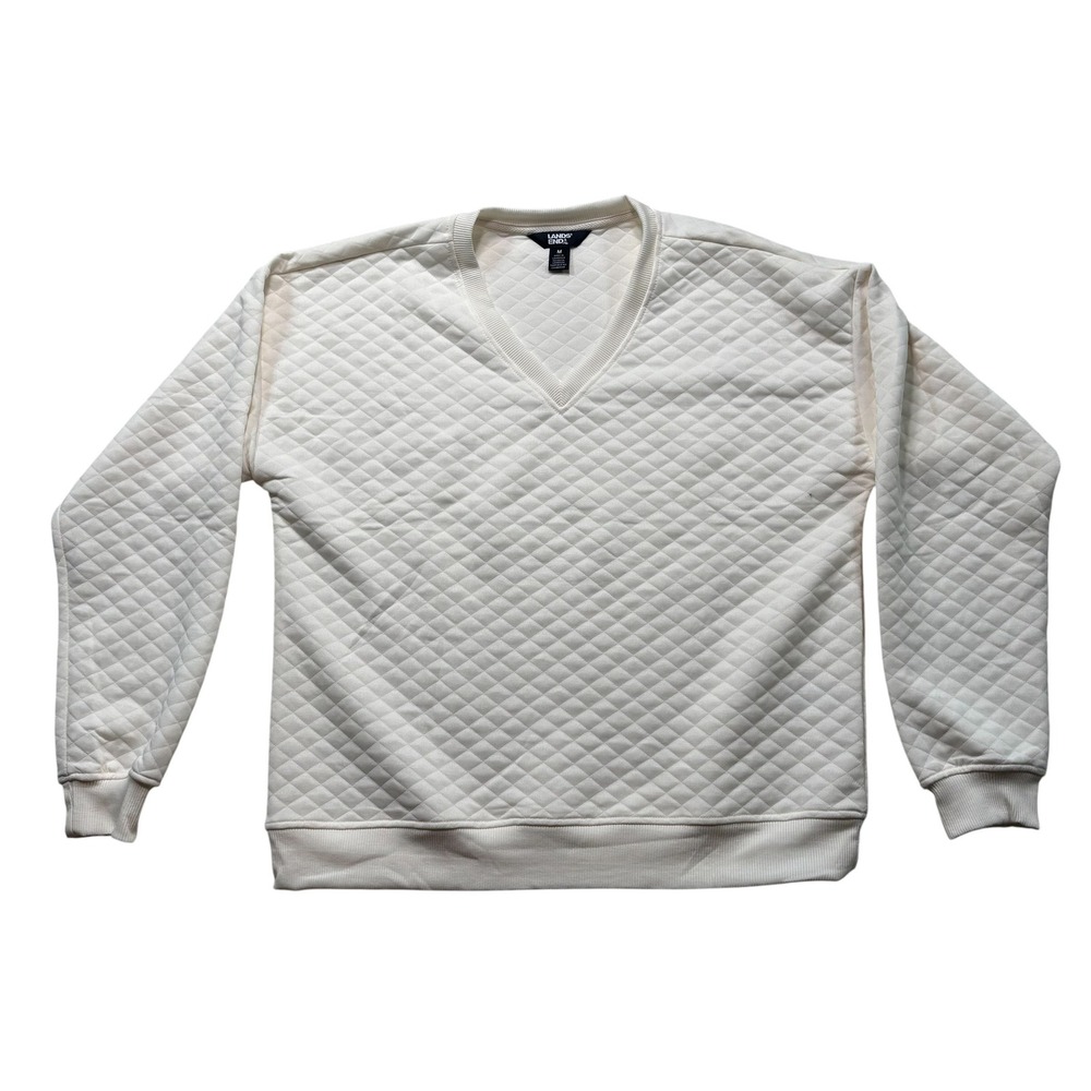 Lands End Womens Ivory Quilted V-Neck Sweatshirt Pullover Diamond Pattern M #668